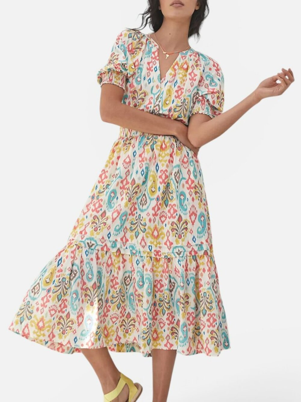 Anthropologie Felipa Maxi Dress 1X Boho Ikat Print Smocked Waist Tiered Cotton